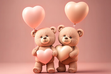Cute teddy bear couple holding valentine heart shape balloon on pink pastel background. Photograph of Valentine's day card with adorable bears. Generative AI