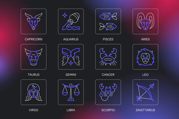 Zodiac horoscope astrological thin line label linear design esoteric stylized elements symbols signs. Vector illustration icons