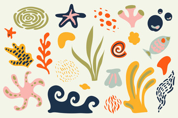 Marine set with sea shells. Collection of seabed flora and fauna design elements. Modern doodle elements, hand drawn scribble set, contemporary vector illustration. Abstract organic shapes.