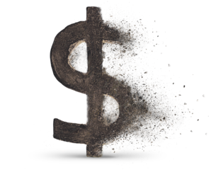 dollar crumbles into pieces into dust on a white isolated background