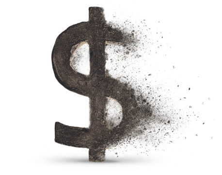 dollar crumbles into pieces into dust on a white isolated background