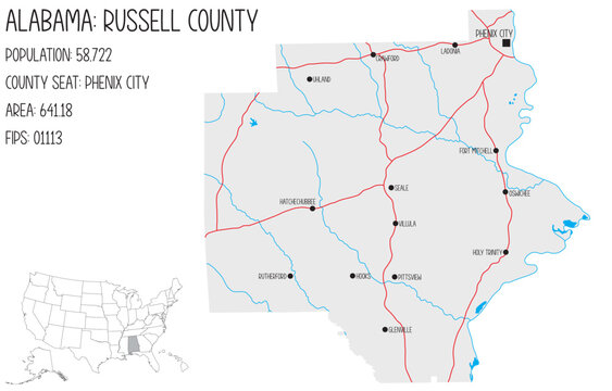 Large and detailed map of Russell county in Alabama, USA.