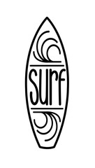 Surf. Minimal vector logo. Summer illustration. Surfboard design badge, sign. Black and white icon surf on waves. Typography lettering logo with silhouette of surfboard. Tee, t-shirt design.