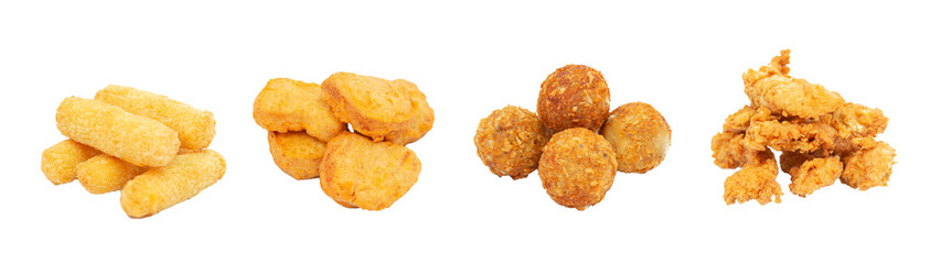 set of fast food snacks for menu. Crispy fried chicken strips, Crispy Cheese ball isolated, fried cheese sticks, Chicken nugget
