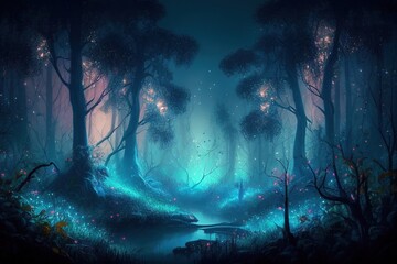 Mystical Forest Scene at Night 1. Generative AI.