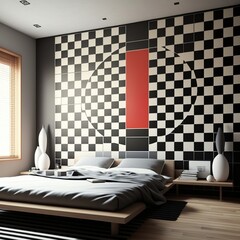 checkered wallpaper on the wall, mysterious background in Japanese style interior Generative AI