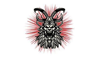 Vector scary head of a horned infernal demon with an open toothy maw, with red rays on a white background. Sinister logo, sticker or icon.
