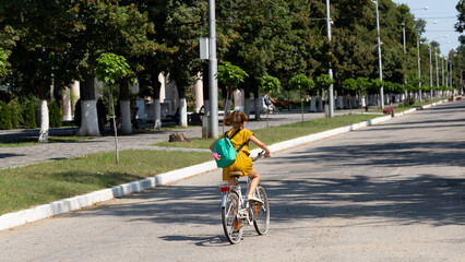 A little girl rides a bicycle on the city road. View from the back.