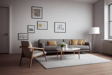 Elegant and comfortable designed living room with big corner sofa. Interior design modern apartment. Generative AI.