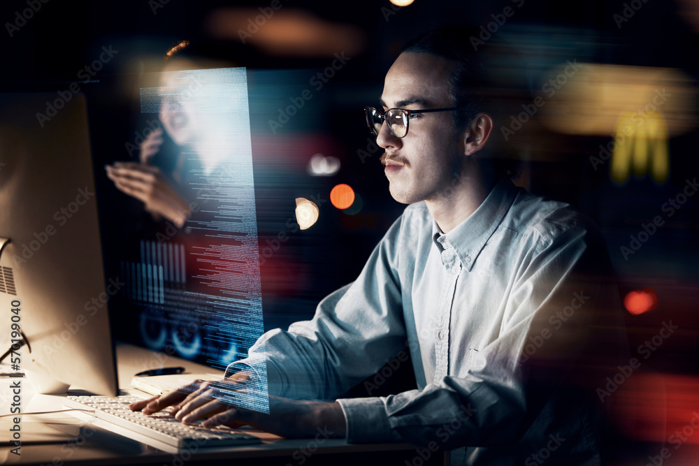 Fototapete Programming, coding and website with man at computer for software, cyber and digital transformation at night. Data analytics, developer and future with employee for media, database and 3d matrix