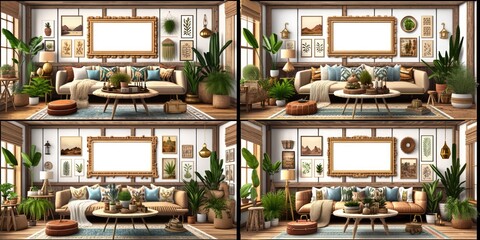 Fototapeta na wymiar Mockup frame in interior background, room in warm tone, Scandi-Boho style, Generative AI