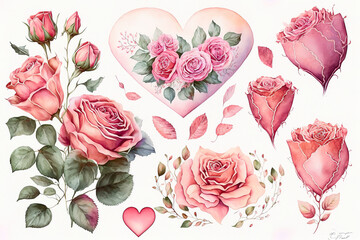 Watercolor heart gift collection illustration, valentine and love graphic resource. Romantic present set with gift box and flowers. Generative AI