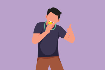 Character flat drawing happy and successful man athlete wearing jersey biting his gold medal after winning world sports competition. Unforgettable moment of victory. Cartoon design vector illustration