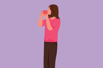 Character flat drawing beauty young woman standing and kissing cup in happy mood. Photo session to introduce latest beverage product in the studio. Success business. Cartoon design vector illustration