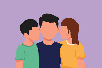Graphic flat design drawing portrait of adorable son and daughter kissing their father. Happy fathers day concept. Family holiday. Love of children with their father. Cartoon style vector illustration