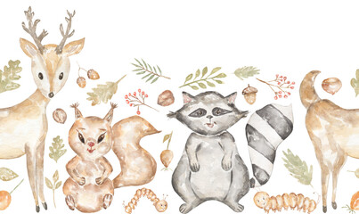 Watercolor hand painted forest animal seamless border. Woodland animals repeat pattern. Design for baby shower invitation, card, textile. Cute animals paper, children design, frame