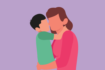 Character flat drawing sweet little boy hugging and kissing his beautiful young mom in cheek while sitting on bed at home. Mothers day concept. Happy mother and son. Cartoon design vector illustration