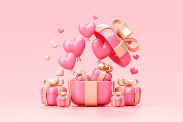 Pink open gift box present with heart balloon surprise sale greeting celebration valentines day love banner concept background 3D illustration