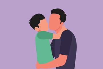 Cartoon flat style drawing sweet little boy hugging and kissing his handsome daddy in cheek while sitting on bed at home. Fathers day concept. Happy father and son. Graphic design vector illustration