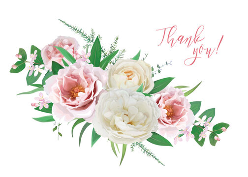 Elegant "thank you" gift card template design. Watercolor pink peonies, cream white rose flowers with tender green leaves bouquet. Floral wedding invite, 8 march greeting card. Editable vector element