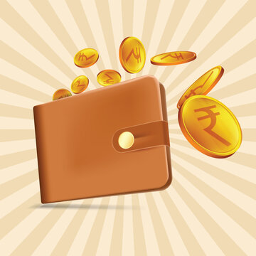 Indian currency rupee coming out from walletIndian currency rupee coins coming out from wallet. gold coin