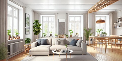 Fototapeta na wymiar Stylish scandinavian composition of living room with design armchair, mock up poster frame, personal accessories in modern home decor. Generative AI.