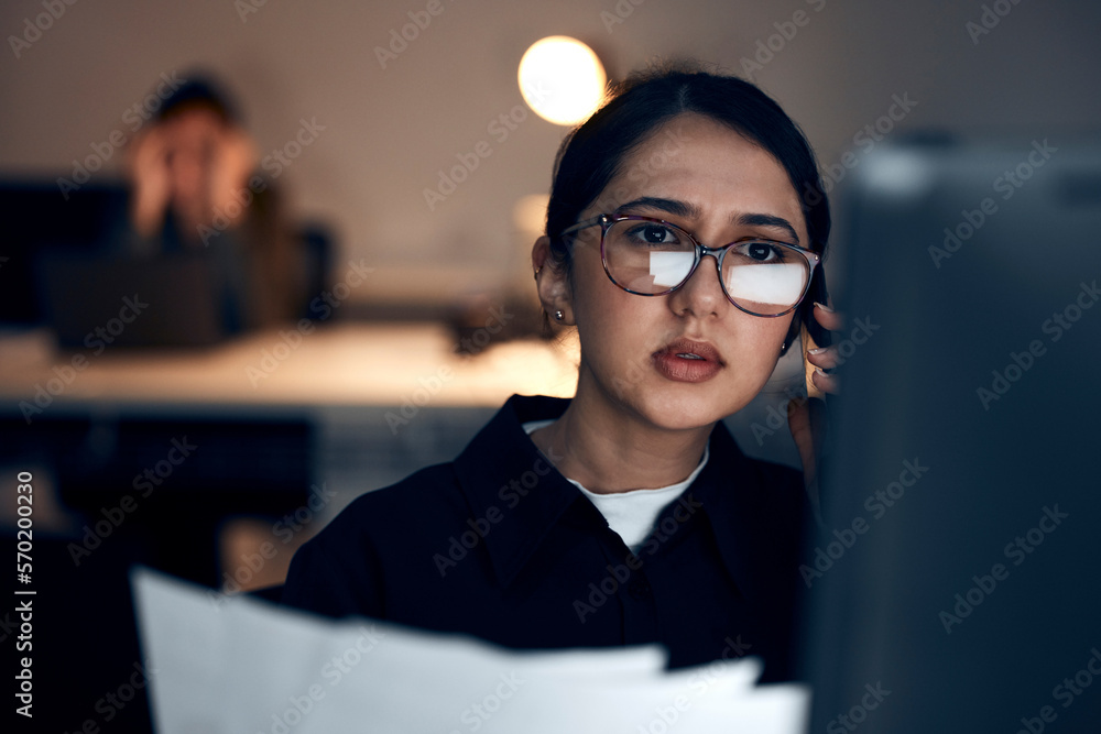 Poster Computer, night research or programmer woman for cybersecurity, app coding or data analysis in office. Thinking, developer or employee on tech for software code, documents or startup analytics review