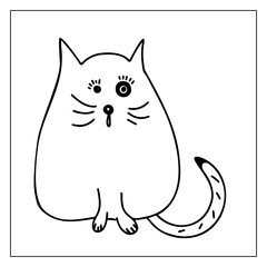 Cute fat cat. Vector black and white hand-drawn doodles. Template, design, clipart, logo, sketch, icon, coloring book.