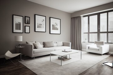 Naklejka na ściany i meble Elegant and comfortable designed living room with big corner sofa. Interior design modern apartment. Generative AI.