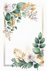 Watercolor floral illustration frame - green gold leaf branches, for wedding stationary, greetings card, wallpapers, background, Generative AI