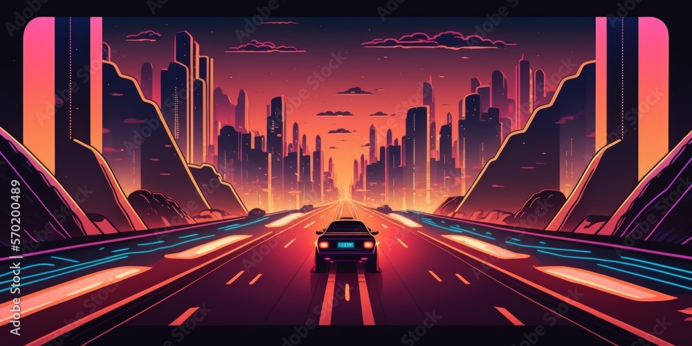 Poster city of the future. city view with moving vehicle lights. front view of a broad highway illustration