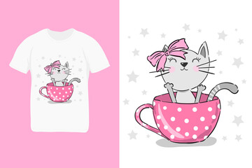 Cat in the cup. Print for children. textile t-shirt design trend. Vector illustration. Hand drawn cute cartoon character. Kids print.