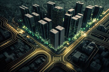 Smart city on circuit board background, Futuristic cyberspace concept. Generative AI.
