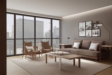 Fototapeta premium Elegant and comfortable designed living room with big corner sofa. Interior design modern apartment. Generative AI.