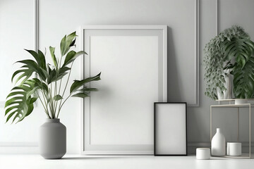 3d Render Blank Picture Frame Mockup on White Wall Made with Generative AI