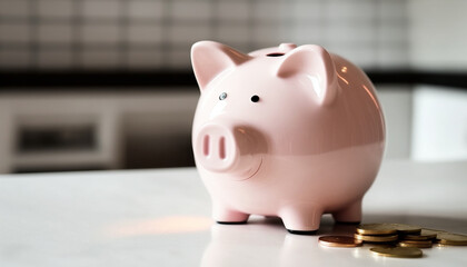 Pink Piggy Bank on the Table with Coins And Blurry Background, Investment Illustration Created with Generative Ai