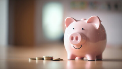 Pink Piggy Bank on the Table with Coins, Investment Illustration Created with Generative Ai