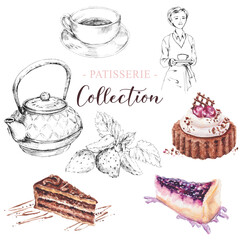 Big set: patisserie and desserts, tea and coffee time. Watercolor hand drawn collection with realistic drawings and ink sketches. Coffeeshop bakeshop design elements isolated transparent background.