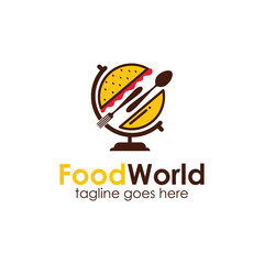 Food World Logo Design Template with burger icon and globe stand. Perfect for business, company, mobile, app, restaurant, etc