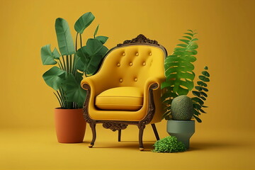 Photo Armchair and Green Plant In A Pot Isolated Made with Generative AI