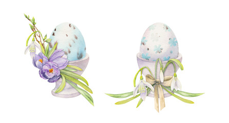 Watercolor hand drawn Easter celebration clipart. Painted eggs in porcelain cups with leaves, flowers, pastel color Isolated on white background. For invitations, gifts, greeting cards, print, textile