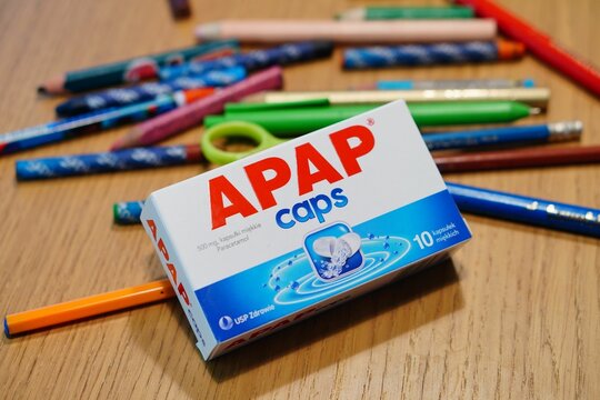 Polish Apap Caps paracetamol pain killer capsules in a box. 