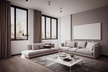 Elegant and comfortable designed living room with big corner sofa. Interior design modern apartment. Generative AI.