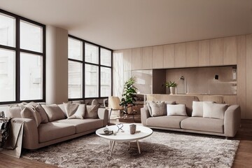 Elegant and comfortable designed living room with big corner sofa. Interior design modern apartment. Generative AI.