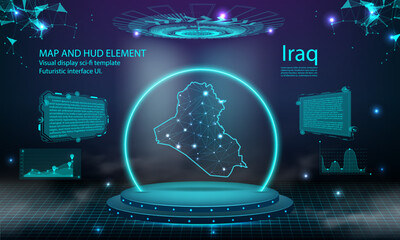 iraq map light connecting effect background. abstract digital technology UI, GUI, futuristic HUD Virtual Interface with iraq map. Stage futuristic podium in fog.
