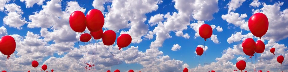 Obraz na płótnie Canvas colorful balloons floating in the cloudy blue sky panoramic image by generative AI