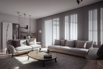 Elegant and comfortable designed living room with big corner sofa. Interior design modern apartment. Generative AI.