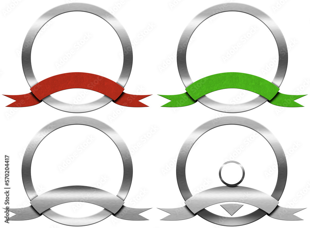 Aufkleber collection of four round metallic icons or symbols with empty ribbon with copy space and isolated on