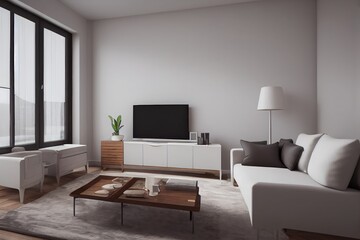 Fototapeta premium Elegant and comfortable designed living room with big corner sofa. Interior design modern apartment. Generative AI.