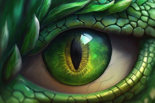 Digitally realistic painting of a green dragon's eye. Generative AI